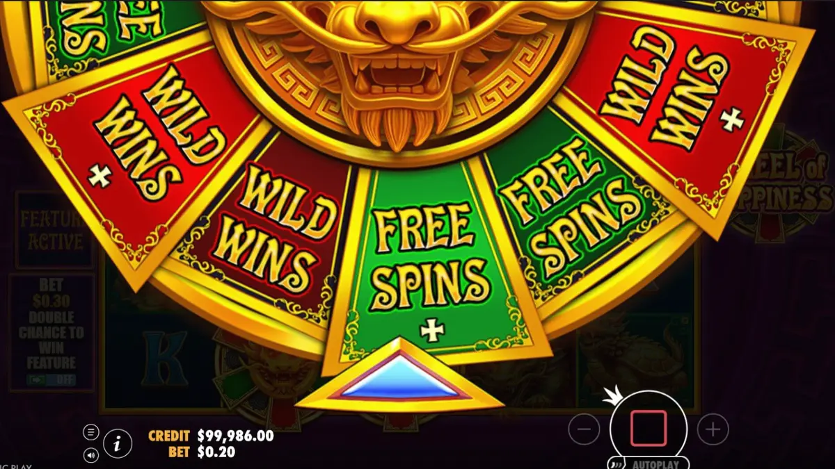 Wheel of Happiness slot machine interface with golden dragon symbols