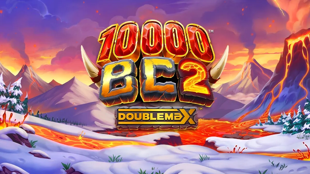 Tampilan visual slot 10000 BC DoubleMax 2 dengan latar belakang gunung berapi dan mamut.