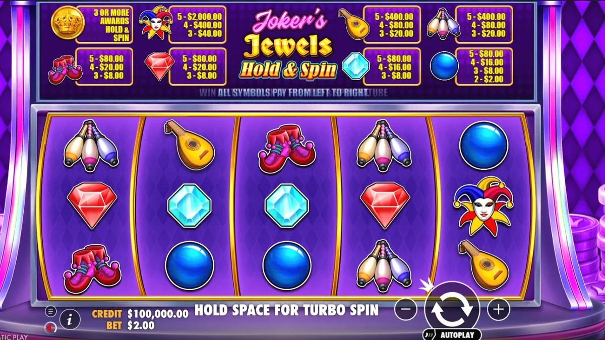 Tampilan antarmuka slot Joker’s Jewels Hold & Spin dengan simbol Joker dan permata